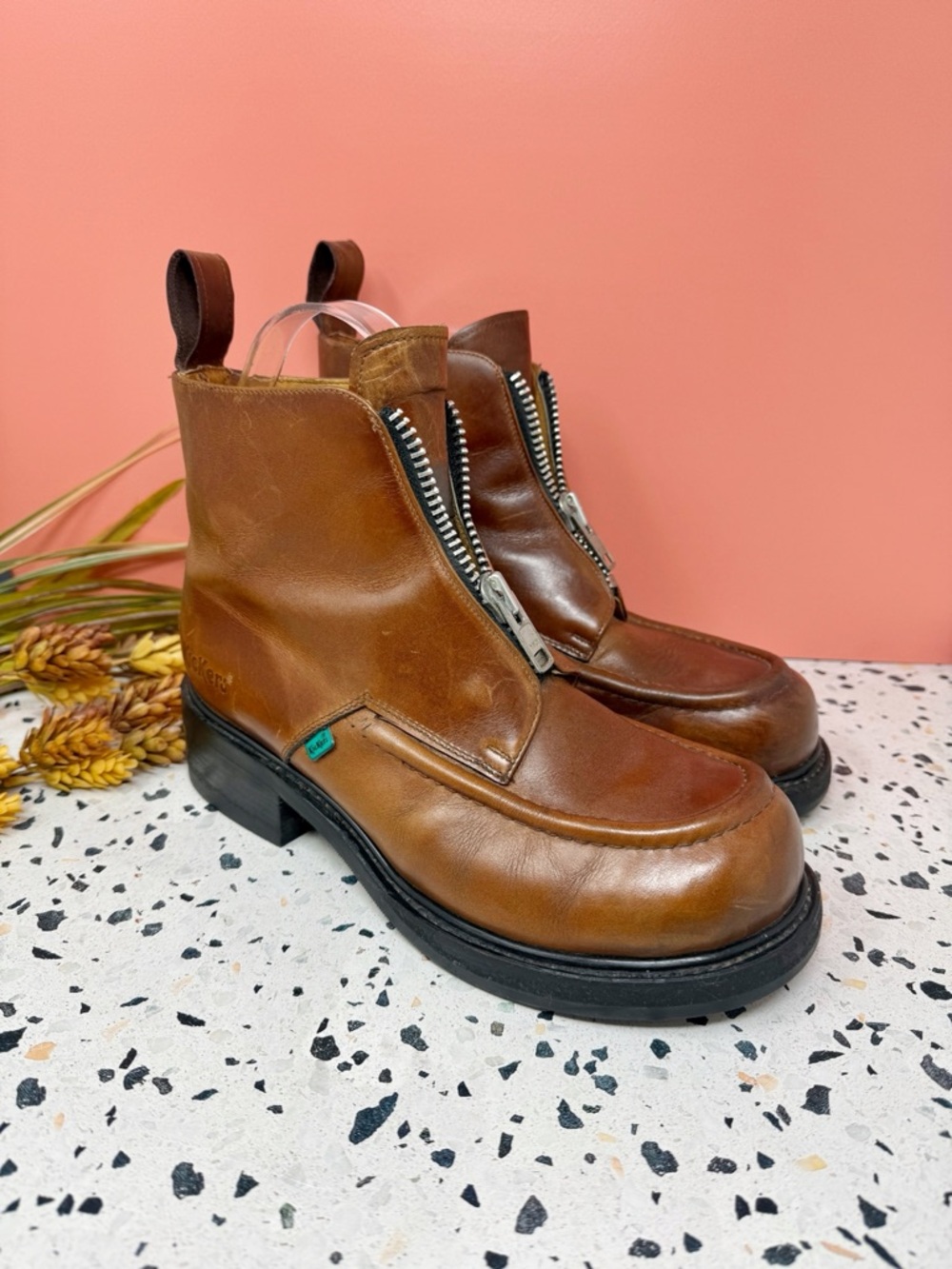 Vintage Kickers 90s Cognac Leather Women’s Chunky Zip Front Grunge Boots Sz 8.5